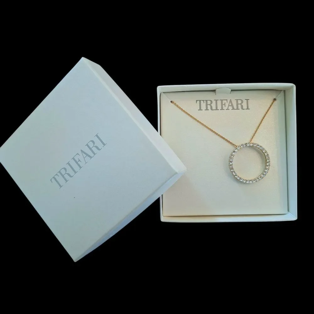 Trifari Circle Pendant Necklace Eternity Link Crystals on Goldtone Chain, Boxed